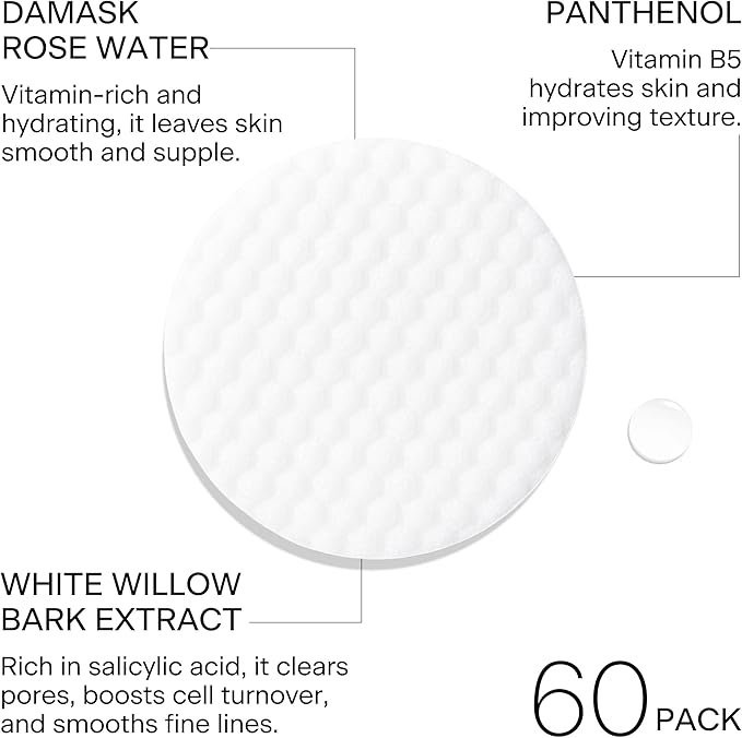FEMMUE Rose Infused Face Toning Pads (60 Pack) | Daily Exfoliating Toner Cotton Rounds with Rose Water | Korean Skin Care