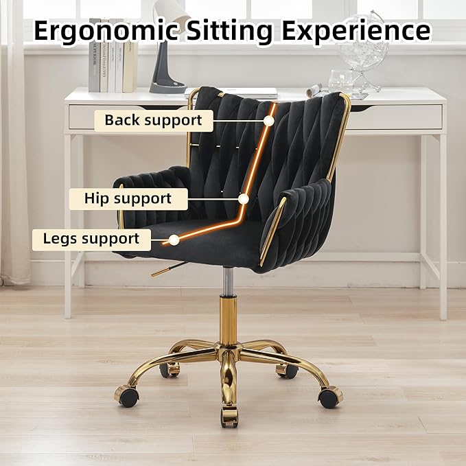 ABET Velvet Desk Chair with Wheels, Cute Upholstered Swivel Office Chair, Modern Gold Rolling Hand Woven Height Adjustable Armchair for Women Girls Home Makeup, Vanity, Nail Salon, Black