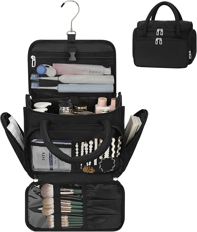 Hanging Toiletry Bag for Women - Travel Makeup Organizer with Brush Compartment, Portable Toiletry Bag with Removable Dividers for Full-size Container, Lightweight Cosmetic Case for Trip - Black