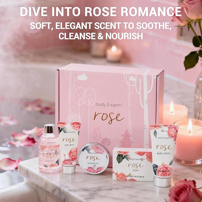BODY & EARTH Spa Gift Set for Women - Luxurious 5 Pcs Bath and Body Box, Rose Scent, Includes Body Wash, Body Butter, Body Lotion and More, Birthday Mothers Day Gifts for Mom Self Care Kit for Her