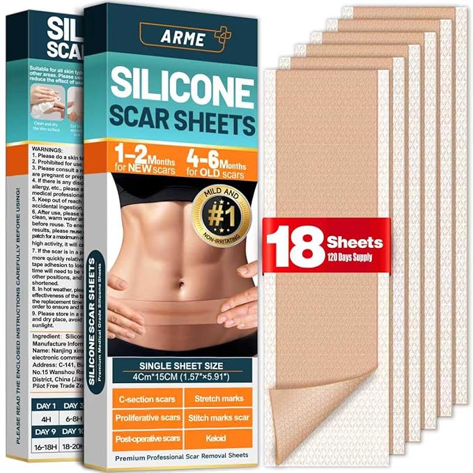 Arme Silicone Scar Tape, 18 Pack Silicone Scar Sheets, Medical Grade Scar Tape Removal Sheets for Surgical Scars, Reusable Scar Removal Strips for Tummy Tuck C-Section Keloid