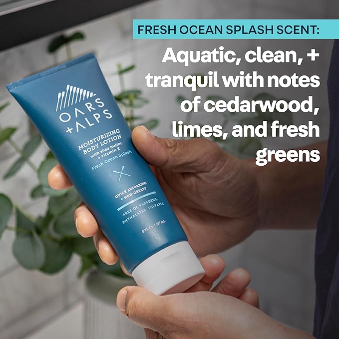 Oars + Alps Body Lotion, Moisturizing Body Lotion with Vitamin E, Shea Butter & Magnesium for All Skin Types, Hydrating, Soothing, Quick Absorbing, Non Greasy, Fresh Ocean Splash, 8oz
