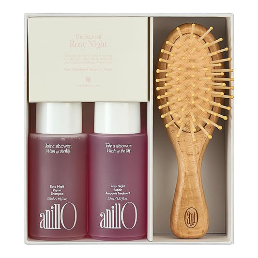 anillO Rosy Night Repair Shampoo & Ampoule Treatment with Brush Set - Nourishing & Strengthening Korean Hair Care with Rose Water, Rosehip & Ceramides - Silicone & Sulfate Free (2EA, 1.85 fl oz)