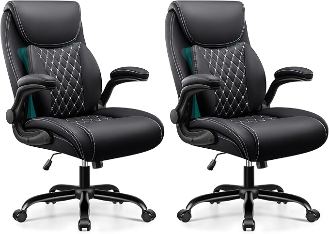 Office Chair,Ergonomic Office Chair with Lumbar Support for Lower Back Pain Relief, Executive Leather Chair with Padded Flip-up Arms, Wheels and Adjustable Armrests, Black Pack of 2