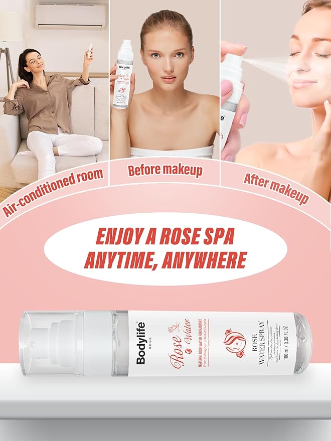 Rose Water Spray for Face Made Without Dyes or Alcohol,Refreshing Facial Mist for Glowing Skin with Rose, All Skin Types 3.38 fl oz