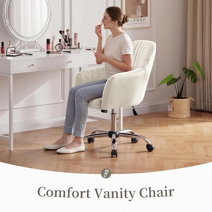 Warmiehomy Velvet Desk Chair for Home Office, Modern Adjustable Swivel Task Chair, Women Vanity Chairs with Arm Rest for Bedroom Dressing Room, Beige
