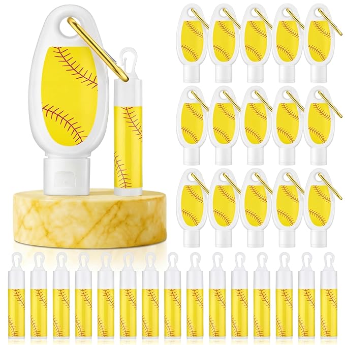 Demissle 12 Sets Softball Party Favors Mini Sunscreen and Sunscreen Lip Balms Bulk Spf 30 Travel Size 1oz Lotion with Carabiner Clip-on Lip Balms Packets for Team Women Birthday Gifts(Softball)