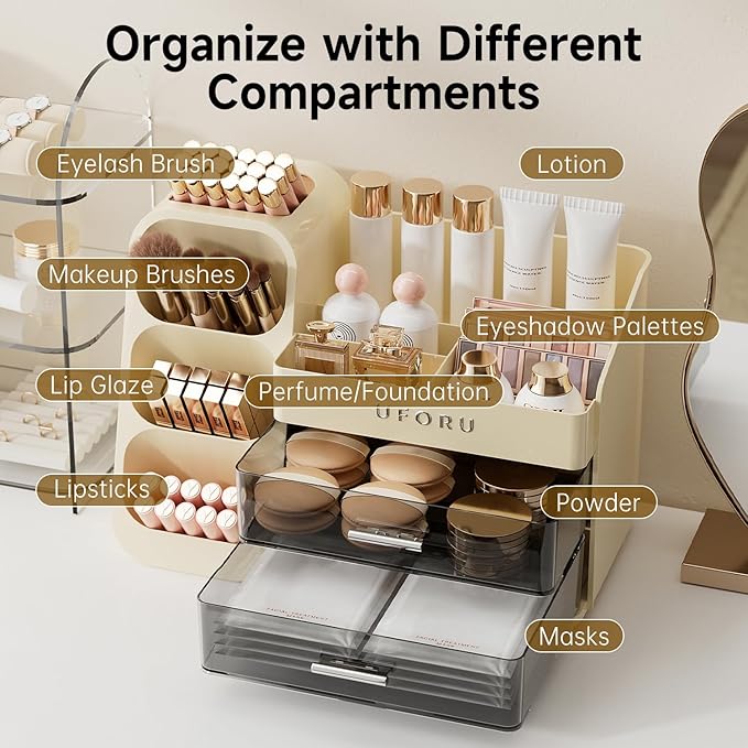 Makeup Organizer for Vanity with Brush Holder, Countertop Skincare Organizer with 2 Drawers, Spacious Cosmetic Display Case for Perfumes, Eyeshadow Palettes, Nail Polishes