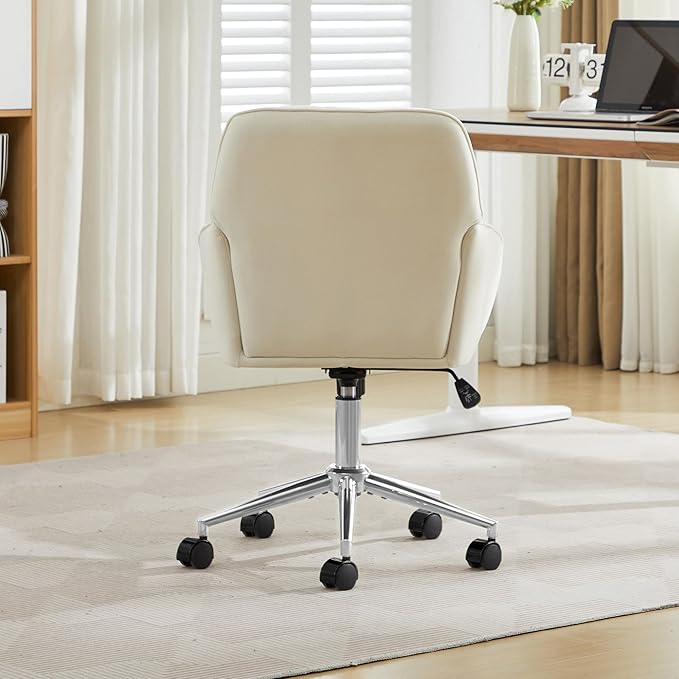Velvet Home Office Desk Chair, Modern Cute Computer Task Chair with Back, Height Adjustable Upholstered Vanity Chair with Swivel Wheels for Women, Girls (Silver Base, Cream
