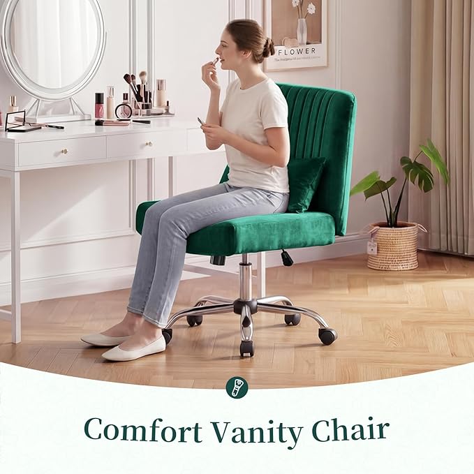 Warmiehomy Velvet Criss Cross Office Chair with Wheels, Luxury Cross Legged Desk Chair for Bedroom, Armless Wide Seat Computer Chair, Modern Vanity Chair, Gift for Teens & Girlfriend, Dark Green