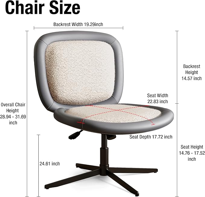 Nordic Armless Ergonomic Office Chair with Wheels, Diamond Tufted PU Leather Computer Chair, Adjustable Height Desk Chair with Solid Wood Back for Small Home Office (No Wheels-Beige)
