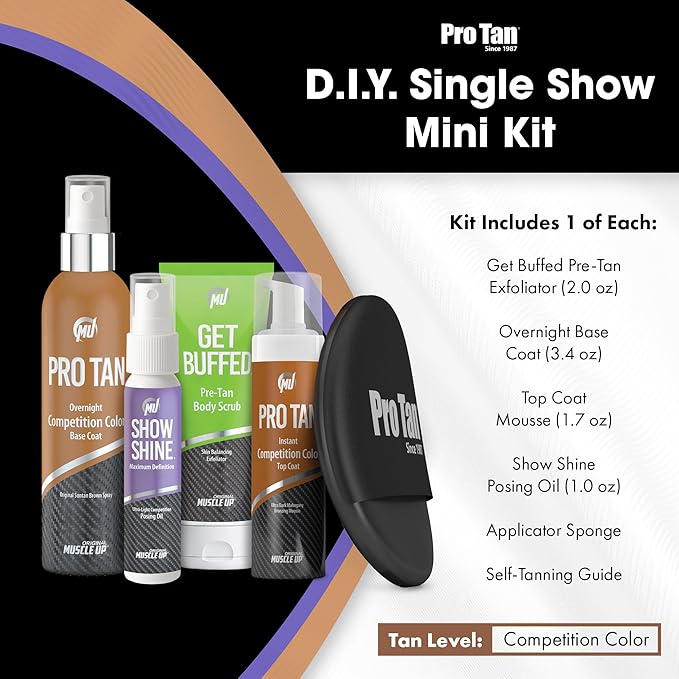Pro Tan Competition Tanning Kit - Self Tanner Set with Pre-Tan Skin Balancing Exfoliator, Overnight Competition Color Base Coat, Instant Top Coat Mousse, Ultra-Light Posing Oil & Applicator Mitt