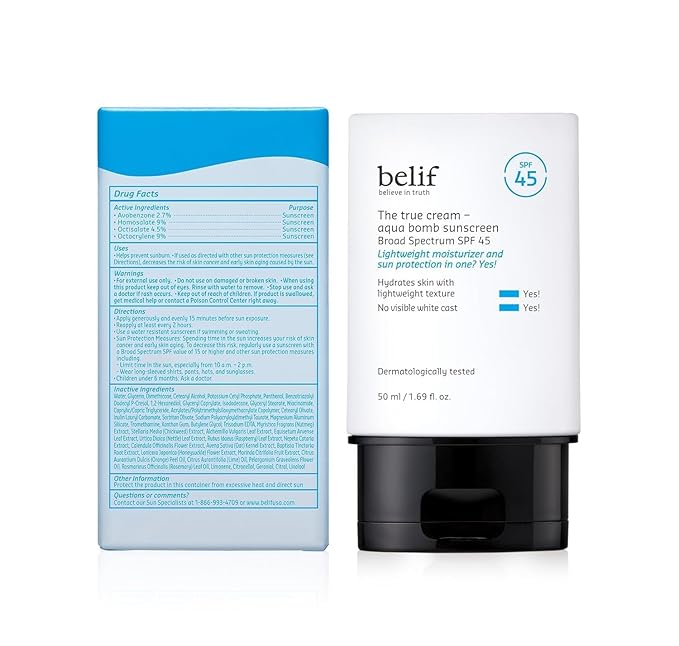 belif Aqua Bomb SPF 45 Hydrating Niacinamide Sunscreen (1.69 fl. oz) - The True Cream PA++++, Daily Broad Spectrum, No White Cast, Weightless & Invisible, Non-Greasy, Korean Skincare | Hydrating, Niacinamide, The True Cream, PA++++, Daily Broad Spectru...