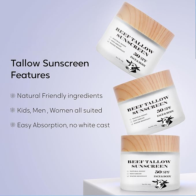 Scosvvi Beef Tallow Sunscreen: SPF 50 non toxic sunscreen, Tallow & Zinc Oxide Sunblock Non-Greasy Reef Safe formula 2 oz