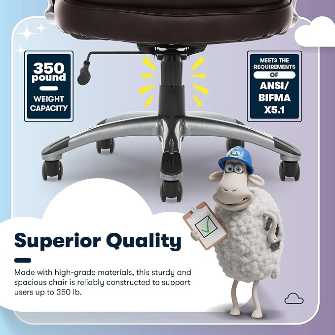 Serta Fairbanks Big and Tall Executive Office Chair - Ergonomic High Back Computer DeskChair with Lumbar Support, Memory Foam Seat Cushion, Padded Armrests, Bonded Leather, 350 lb Capacity - Brown