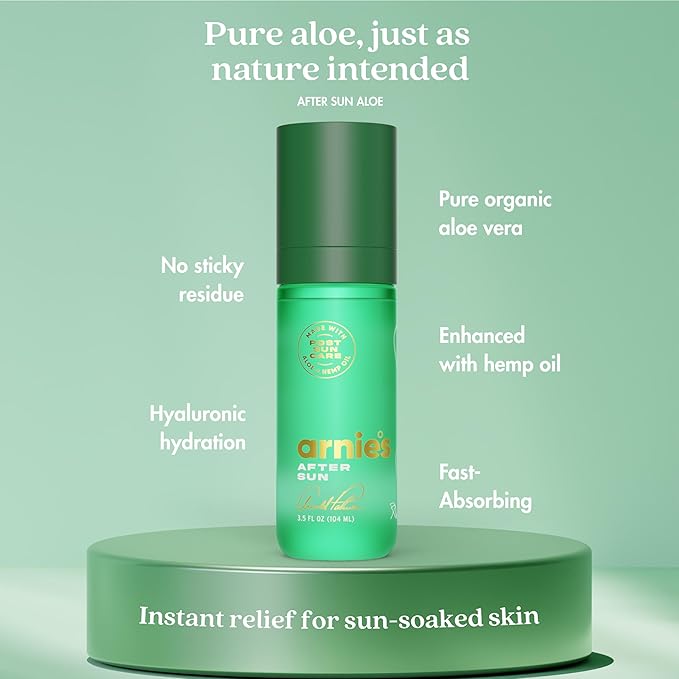 Arnie's After Sun Gel by Arnold Palmer - Pure Aloe Vera for Sunburn Relief & Recovery, Hemp Oil & Hyaluronic Acid, Hydrating & Cooling, Natural Botanical Formula, Reef-Safe, Alcohol-Free, 3.5 Fl. Oz.