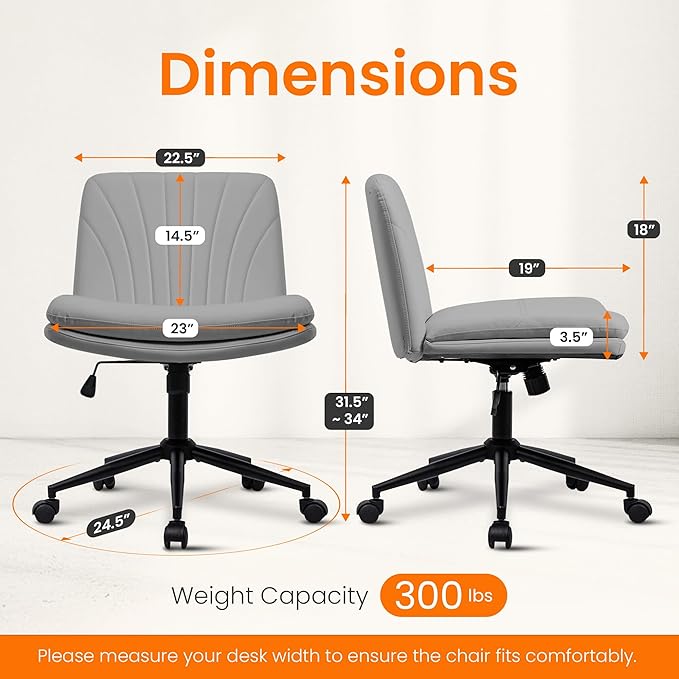 NEO Chair Criss Cross Chair with Wheels Armless Cross Legged Office Desk Wide Comfy Vanity Makeup Chair Adjustable Swivel Rolling Computer for Home Office PU Leather (Grey)
