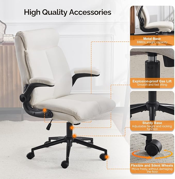 VINGLI Rolling Ergonomic Office Desk Chair with Padded Flip-up Arms, 360° Swivel High Back Executive Computer Task Chair with Wheels for Game，Home Small Space, Study Room, Reading Room, Linen White