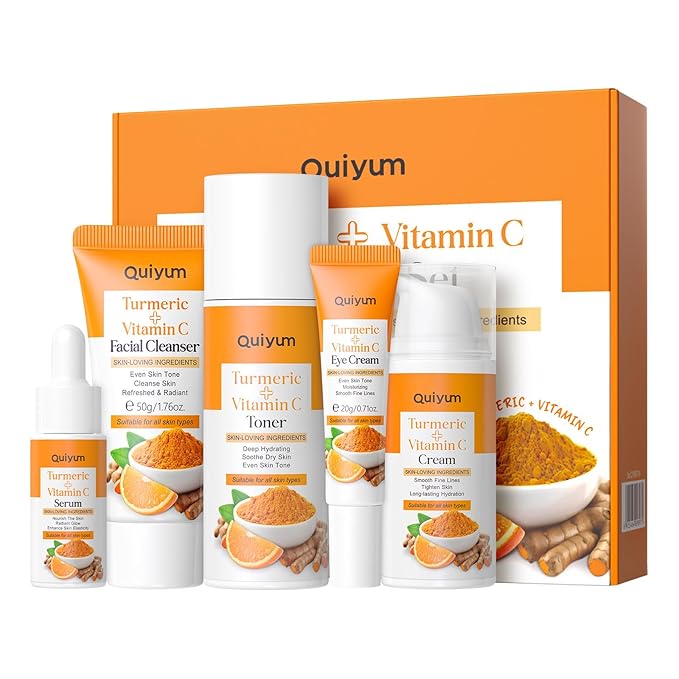 Skincare Set Turmeric Teen Face Care Kit Girls, Skin Care Set Hydrating & Cleaning, 5PCS Turmeric Skin Care Products - Cleanser, Toner, Face & Eye Cream, Serum, Travel Skincare Gift Set For Women