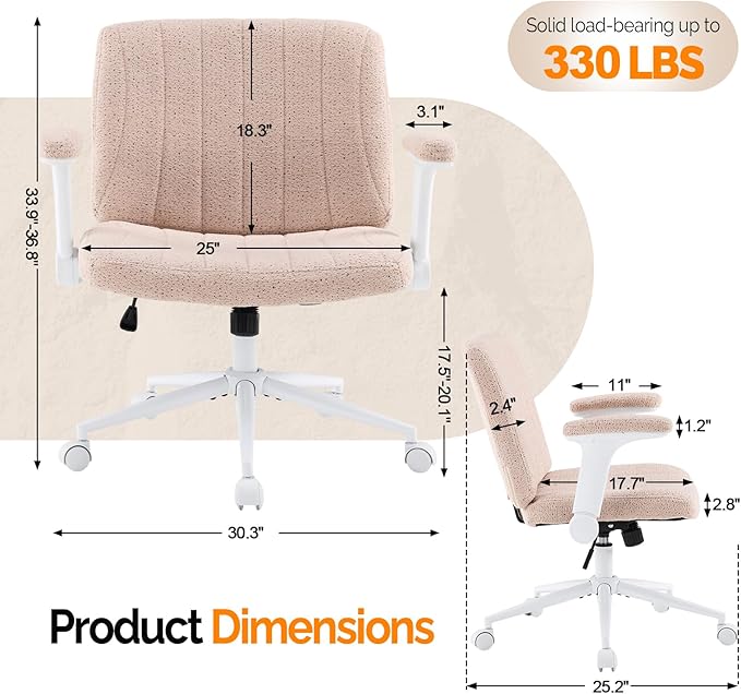 VINGLI Criss Cross Chair with Adjustable Flip-Up Arms,Cross Legged Chair with Wheels,Extra Wide Office Chair,Desk Chair for Home Office,Vanity,Bedroom, Apartment,Starry Chenille,Pink