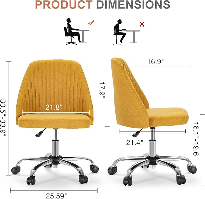 DUMOS Office Chair, Comfy Desk Chair Rolling Vanity Swivel Task Chairs with Wheels, Wide Seating Armless Height Adjustable Computer Chairs for Home,Bedroom,Student,Adults, Dark Yellow