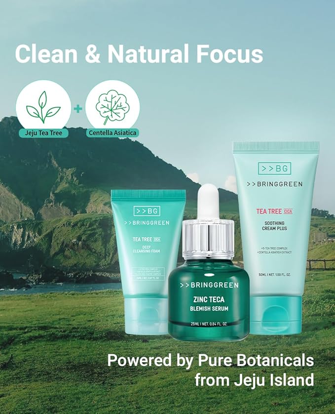 BRING GREEN TEA TREE CICA SET | Korean Skin Care Kit for Acne-Prone, Sensitive Skin | Zinc Teca Serum, Tea Tree Hydrating Moisturizer & Deep Cleansing Foam | Oil Control & Pore Care | K-Beauty Gift