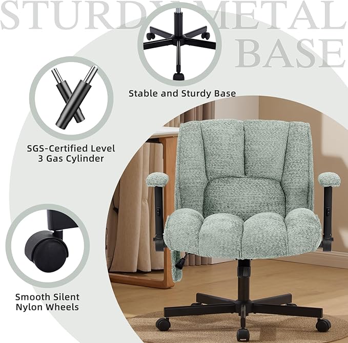 Criss Cross Legged Office Chair with Flip-Up Arms and Wheels, Wide Seat Desk Chair with Built-In Dynamic Airbag Lumbar Support, Modern Cross-Leg Chair for Home Office, Apartment, Vanity, Light Green