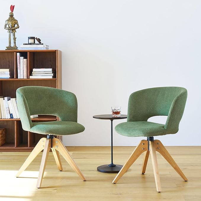 Mid Century Modern Swivel Accent Chair with Solid Wood Legs, Home Office Desk Chair No Wheels, Makeup Chair for Vanity, Upholstered Chair for Bedroom, Green