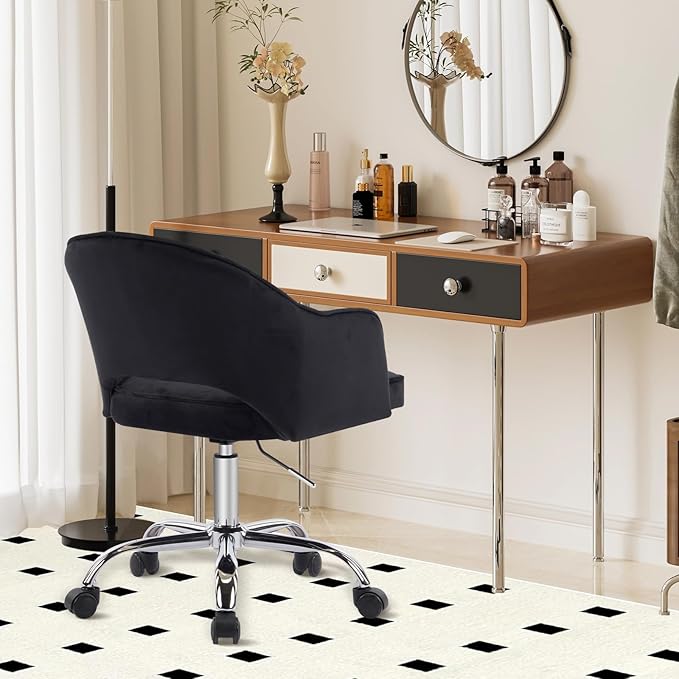 MOJAY Modern Vanity Chair with Wheels, Mid-Back Cutout Velvet Home Office Chair, Swivel Height-Adjustable Soft Seat Cute Desk Chair with Arm Support (Midnight Black)