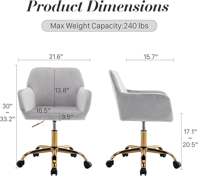 Faux Fur 360°Swivel Desk Chair, Modern Height Adjustable Home Office Armchair with Golden Base for Teens Women Girls, Upholstery Computer Chair for Home Studios, Velvet & Light Grey