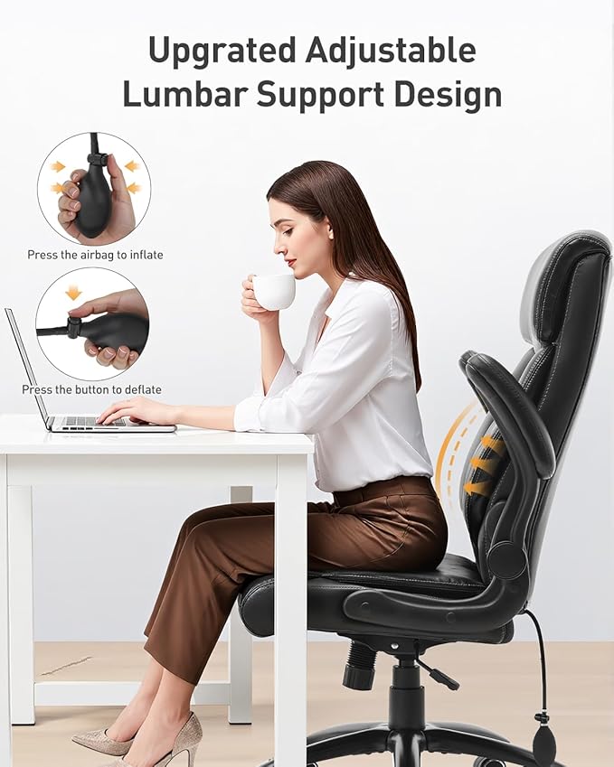 500LBS Big and Tall Office Chair, Heavy Duty Office Desk Chair with Padded Flip-Up Arms, Adjustable Lumbar Support & Tilt Lock, High Back Ergonomic Executive Computer Chair for Work & Study