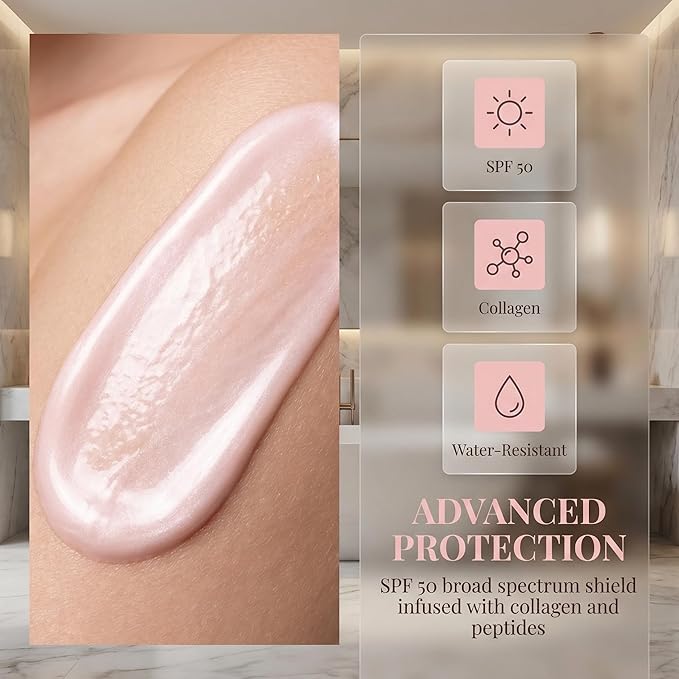 No Cast Just Glow Collagen Sunscreen | SPF 50 Broad Spectrum Face Sunscreen | Lightweight, Non-Sticky, Hydrating Formula | No White Cast or Residue | Peptide, Cica for Soothing & Natural Glow (2PC)
