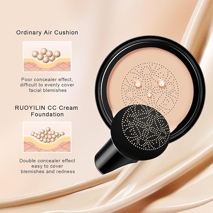 Mushroom Head Air Cushion CC Cream - BB Cream Face Makeup for Mature Skin, Moisturizing Cover Balm Foundation & Long-Lasting Color Correcting Concealer, Even Skin Tone for All Skin Types