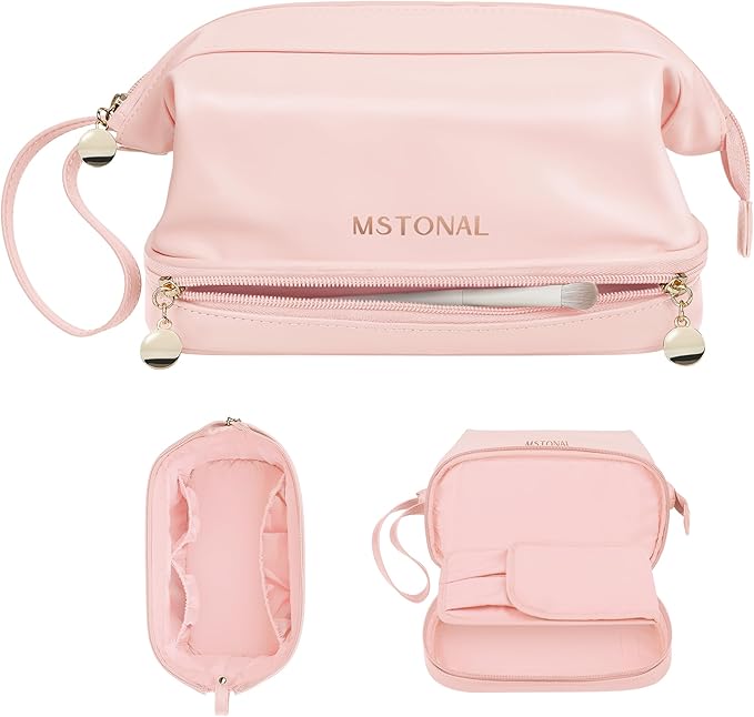 Travel Makeup Bag, Large Capacity Double Layer Cosmetic Bags for Women, Waterproof Portable Make Up Skincare Pouch with Makeup Brush Organizer, Toiletry Bag for Essentials, Pink