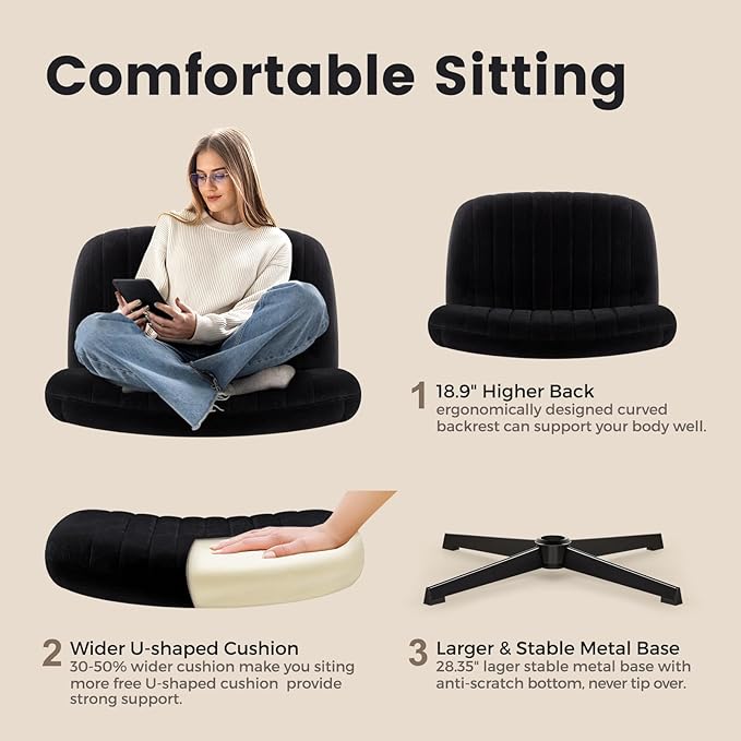 IWMH Criss Cross Chair, Cross Legged Office Chairs no Wheels, Armless Wide Seat Desk Chair with Adjustable Height for Home, Vanity, Bedroom (Black)