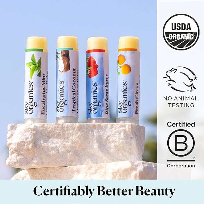 Sky Organics Organic Lip Balms With Beeswax for Lips, USDA Certified Organic, Four Assorted Flavors to Moisturize, Soothe & Soften, 4pk.