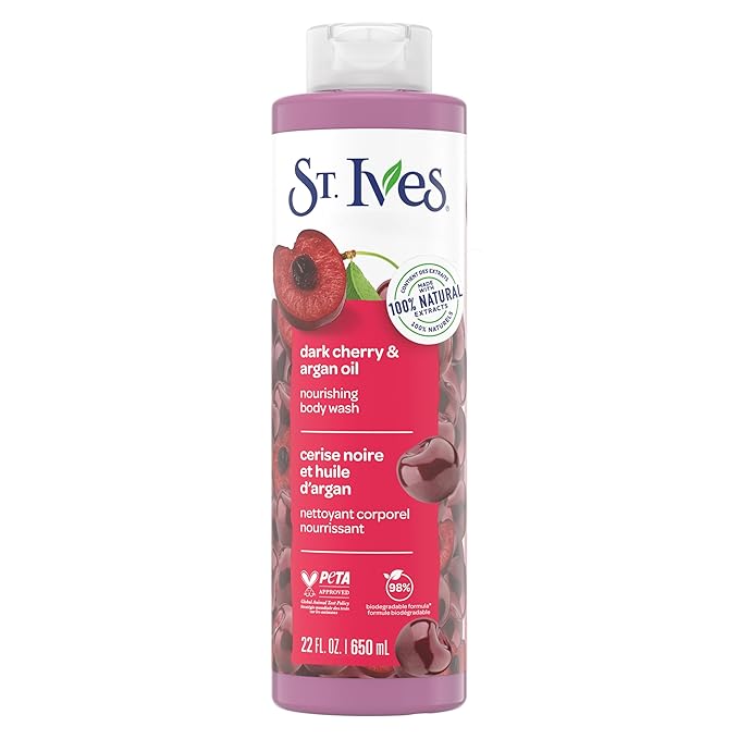 St. Ives Dark Cherry & Argan Oil Body Wash, Nourishing Body Care with 100% Natural Extracts, Moisturizing Body Soap, Daily Shower Gel Cleanser with Sweet Cherry Fragrance, 22oz