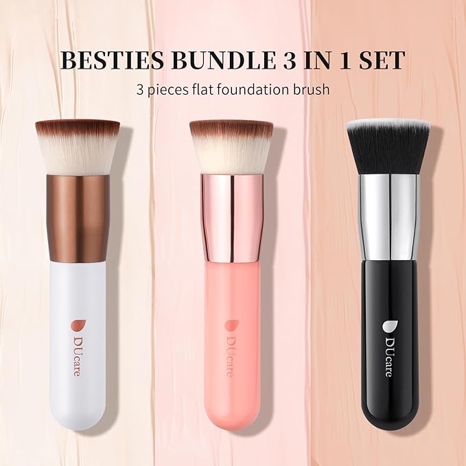 DUcare Large Flat Top Kabuki Foundation Brush 3pcs- Premium Makeup Brush for Liquid, Cream, and Powder - Buffing, Blending, and Face
