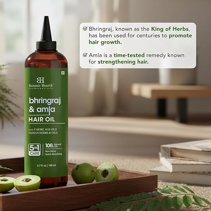 Botanic Hearth Bhringraj & Amla Hair Oil | Nourishing Scalp & Hair Oil for Dry, Frizzy Hair | Supports Fuller-Looking Hair & Shine | Lightweight Botanical Formula | No Harsh Additives | 6.7 fl oz