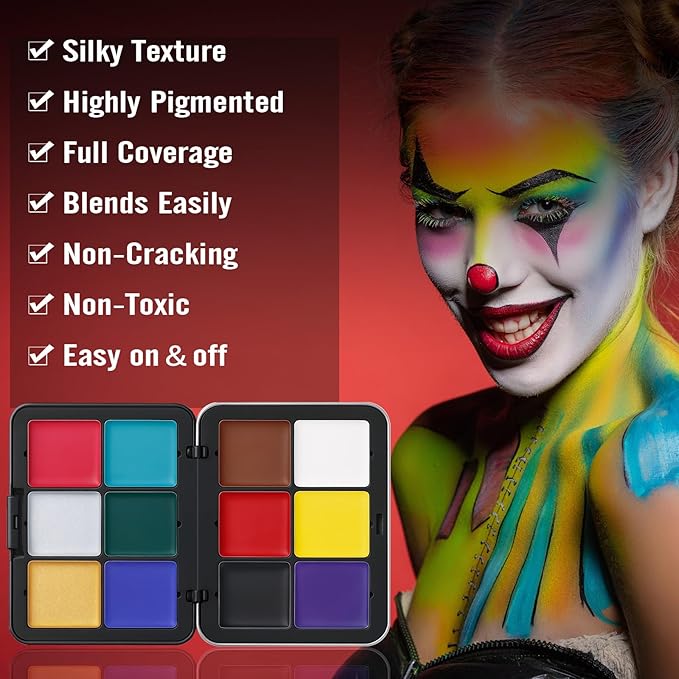 16 Colors Face & Body Paint - Blendable Facepaint Foundation with Sponge & Brush for Skin, Professional Halloween Face Make-up Kit for Zombie Clown Joker Vampire Skeleton Camo USA Flag Bruise Costume