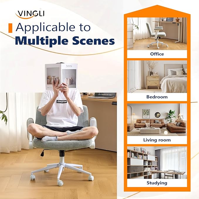 VINGLI Criss Cross Chair with Adjustable Flip-Up Arms,Cross Legged Chair with Wheels, Extra Wide Office Chair,Cozy Desk Chair for Home Office, Vanity, Apartment,Chenille Velvet,Light Blue-Green