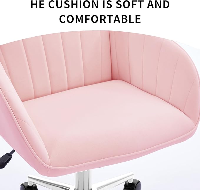 YITAI Velvet Office Desk Armchairs with Silver Base and Wheels,Modern Height Adjustable 360 Degree Swivel Upholstered Vanity Chairs for Living/Room Bedroom/Study,Pink