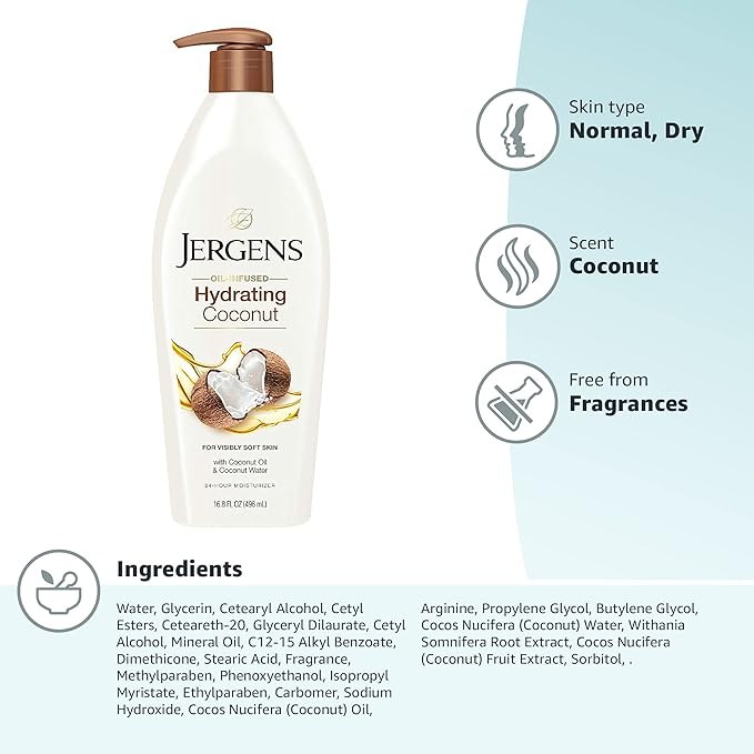 Jergens Hydrating Coconut Body Lotion,Hand and Body Moisturizer,Infused with Coconut Oil,Hydrates Dry Skin Instantly,Dermatologist Tested,16.8 oz,(Pack of 2)