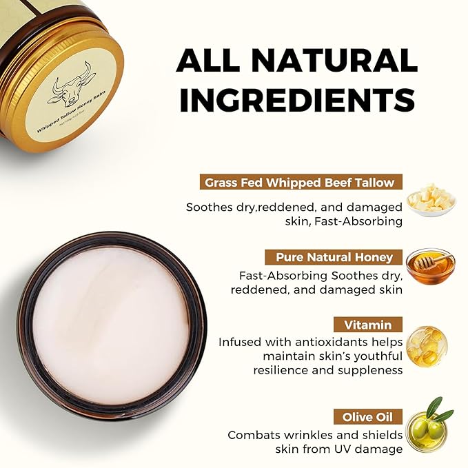 Whipped Beef Tallow Balm with Honey, Natural Moisturizing Cream for Face and Body, Hydrating Skin Balm for Dry Skin, Soothing Tallow Skin Care (4.23oz, Lavender)
