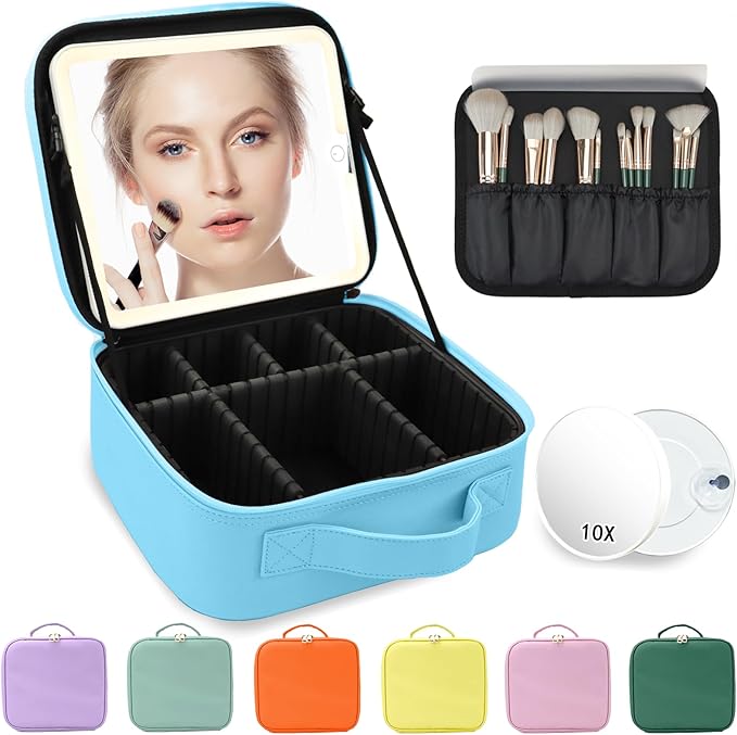 Makeup Bag with Mirror,with Mirror 3 Color Setting and Detachable 10x Magnifying Mirror Large Vanity Makeup Cases,Portable Storage and Adjustable Dividers, for Women and Makeup Artists-Blue