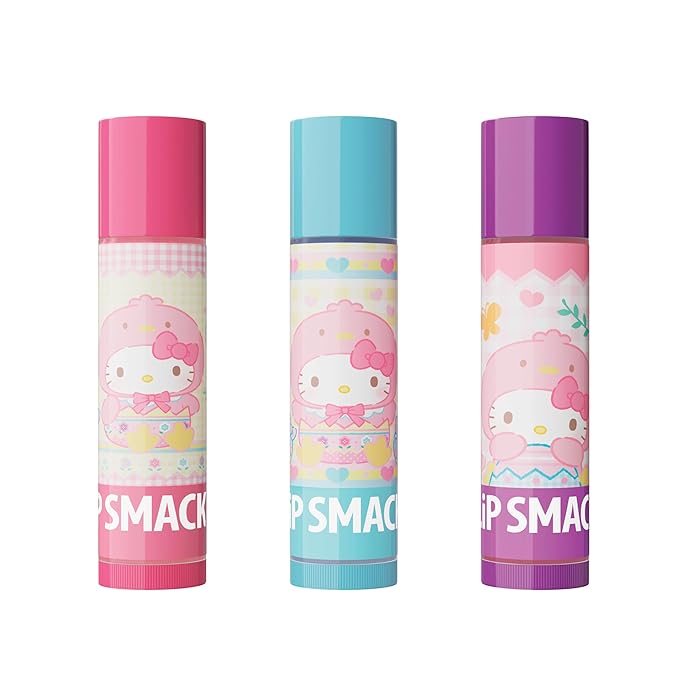 Lip Smacker Hello Kitty Lip Balm Trio, Adorable Sanrio Collectible, Moisturizing & Nourishing Fruity Flavors, Guavalicious Day, Raspberry Roll, Cherry Sweet- Blue