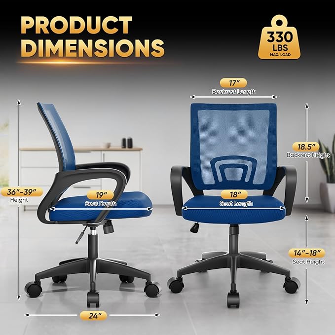 Magshion Ergonomic Office Desk Chair, Mid-Back Mesh Computer Chair, Swivel Chair with Breathable Backrest & Lumbar Support, Adjustable Height for Gaming, Work, Study, 300 Lbs Capacity, Navy Blue