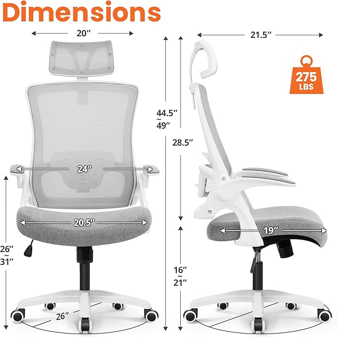 NEO Chair Ergonomic Office Desk Chair High Back Computer Gaming Mesh Chair with Comfy Task Adjustable Arms Lumbar Support Headrest Swivel for Home Office (Grey)