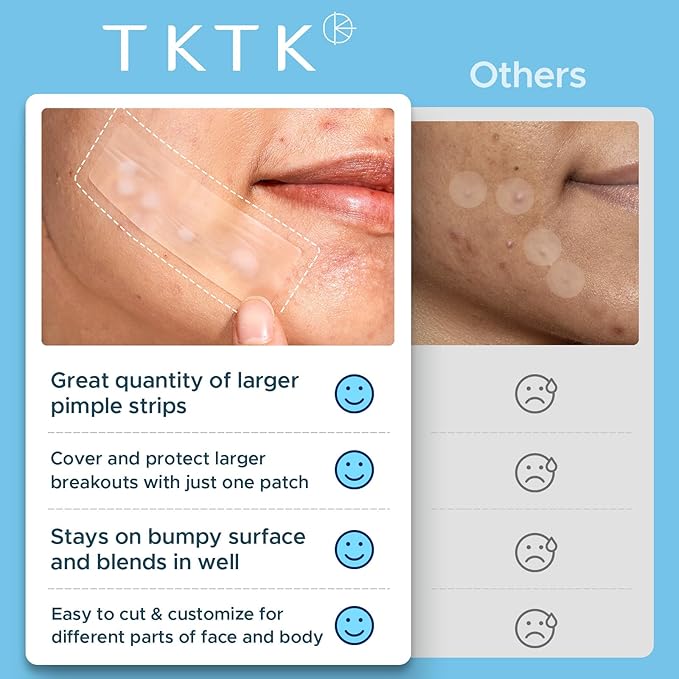 TKTK Pimple Patches, XL Hydrocolloid Patches for Face 60 x 20 mm, Big Acne Patches for Body, Forehead, Chin, Neck Zit Breakouts, Hydrocolloid Bandages (Strip, Contoured, Dot 5 Sizes 96 Count)