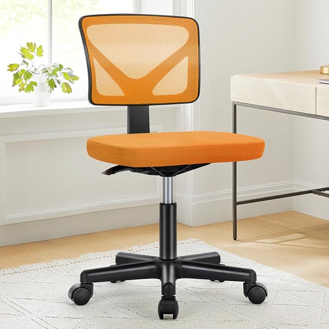 NEWBULIG Home Office Desk Chair, Armless Ergonomic Swivel Computer Chair with Wheels, Adjustable Height and Low-Back Mesh Design, Rolling Chair with Lumbar Support and Comfortable Seat, Orange